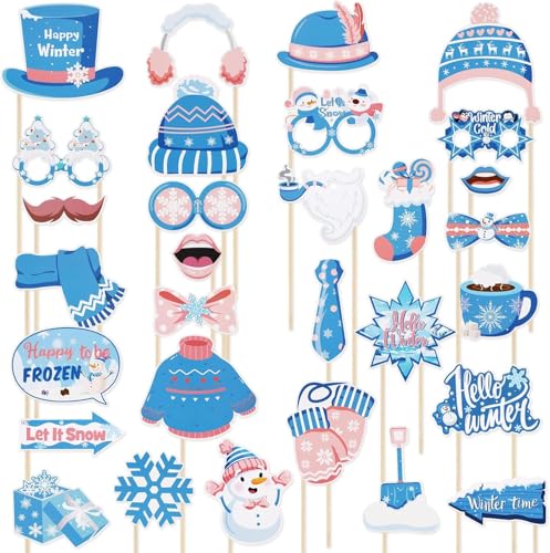 30PCS Snowflake Photo Booth Props - Snowflake Games for Party Supplies, Winter Photo Booth Props, Holiday and Winter Wonde...