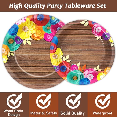96Pcs Fiesta Party Plates and Napkins for Mexican Party Supplies Wooden Floral Themed Paper Dessert Plates Festival Tablew...