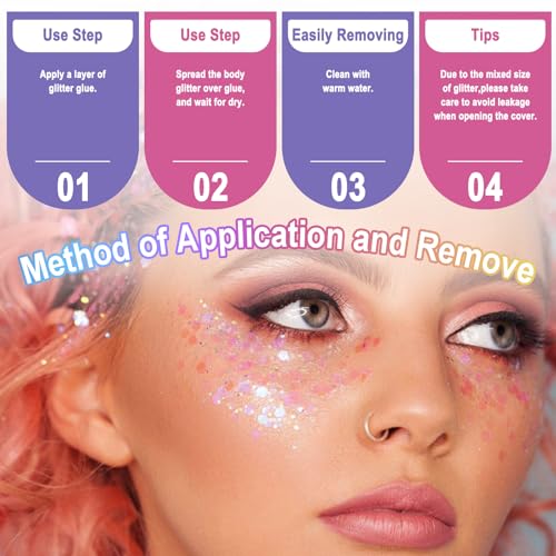 Laza 2 Jars Body Glitter for Valentine’s Day Hair Accessories Heart Glitter Chunky Sequins with Glitter Glue for Women Eye...
