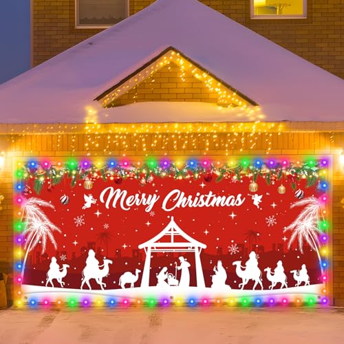 RUMIA Christmas Religious Garage Door Banner Decoration Large Merry Holy Cover with LED Lights Strings Backdrop for New Ye...