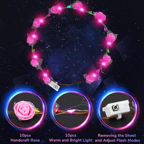 YOFOBU 24PCS LED Flower Crown,Pink Light Up Flower Headband for Women,Glow in The Dark Flower Wreath Crowns for Weddings,B...