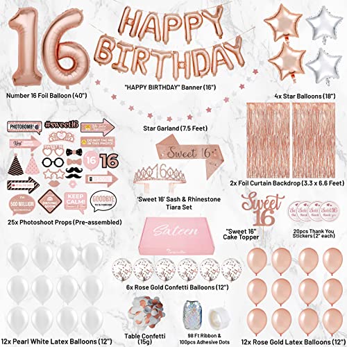 PartyHooman Sweet 16 Birthday Decorations Rose Gold With Sweet 16 Sash and Tiara Set, 2Pcs Backdrop, 25Pcs Pre-assembled P...