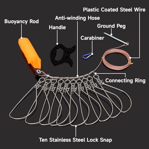 Fishing Stringer with Float and Plastic Handle, Live Fish Lock with 10 Stainless Steel Buckles, Big Fish Wire Rope Cable a...