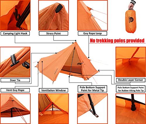 1 Person Trekking Pole Tent for Backpacking - Ultralight Backpacking Tent, Waterproof Hiking Tent for Camping, Lightweight...