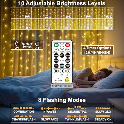 HXWEIYE 300LED Fairy Curtain Lights, 9.8x9.8Ft USB Plug-in 8 Modes Christmas String Hanging Lights with Remote for Bedroom...