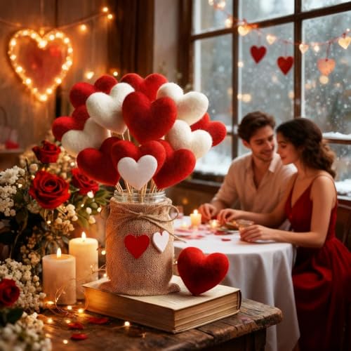 Youyole Rustic Valentines Day Table Decorations Set, Mason Jars Valentines Centerpiece Decor with 12 Pcs Red White Felt He...