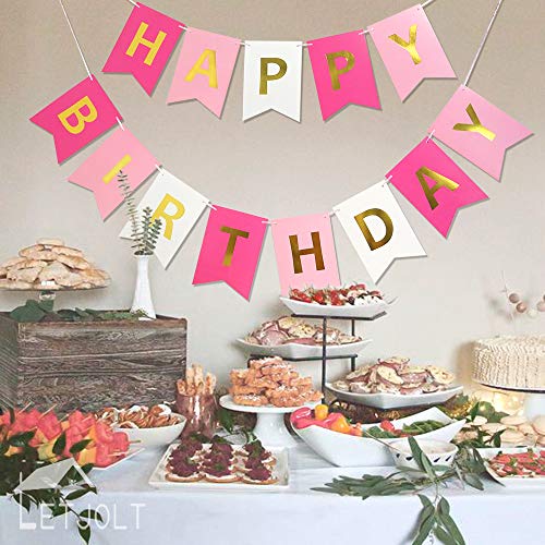 Roseo Pink Happy Birthday Banner Signs Golden Sparkle Funny Birthday Party Supplies for Girls Party Decorations Nursery De...
