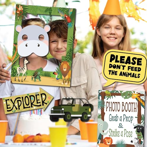 Safari Photo Booth Props - 41-pc Photobooth Kit with 8 x 10-Inch Sign, 60 Adhesive Pads, 45 Sticks - Kids Photo Booth Prop...