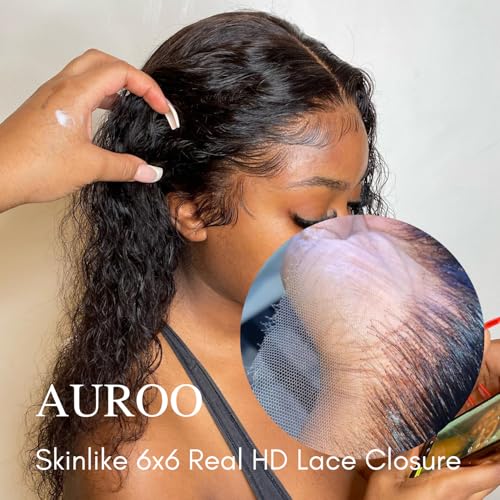 Water Wave Skinlike Real HD Lace 6x6 Closure Only Human Hair, 0.09mm Ultra-thin Invisible Swiss Curly HD Lace Deep Part Closure Pre Plucked 12A Virgin Wet n Wavy Single Knot Natural Black 14Inch