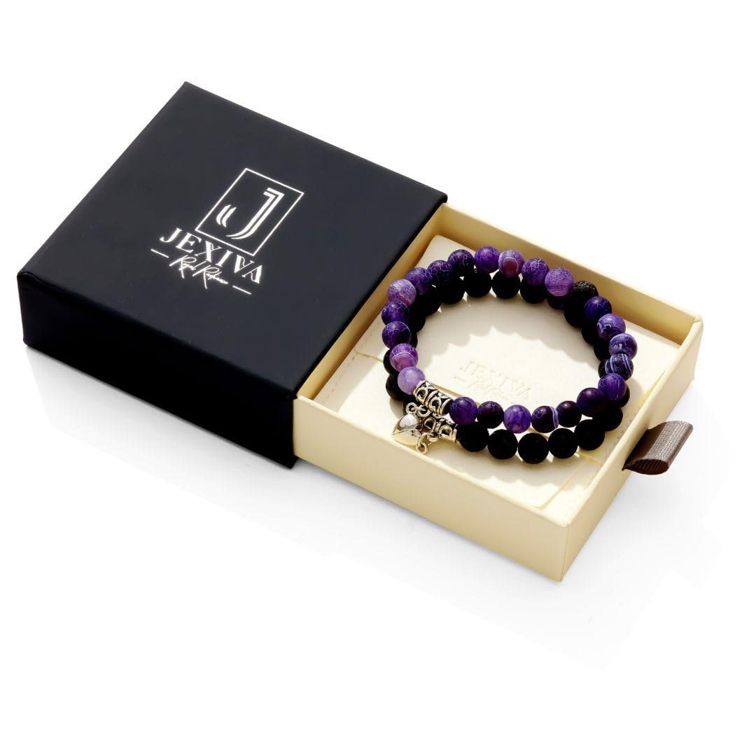 Set Of 2 Matching Couple Bracelets Magnetic Heart - Stone Beads, Stretch, Unisex Anniversary, Express Love, Valentine, Long Distance, Christmas Gift (Lava+Purple Weathered, With Luxury Giftbox)