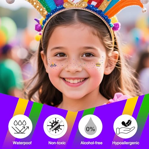 Paminify Mardi Gras Face Glitter Freckles Tattoos,Mardi Gras Outfit for Women,Waterproof Green Gold Purple Temporary Face ...
