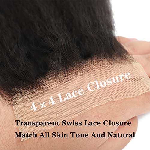Kinky Straight Human Hair 3 Bundles With 4x4 Lace Closure Free Part 100% Unprocessed Brazilian Remy Yaki Straight Human Hair Extensions With Closure,Natural Black (12 12 12+10Closure)