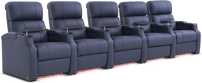 Weilianda Home Theater Seating, Top Grain Leather Sectional Seats Recliner Chair, Zero Gravity Reclining Sofa with Power Headrest 7 Colors Ambient Lighting USB C Charge Row of 5 Blue