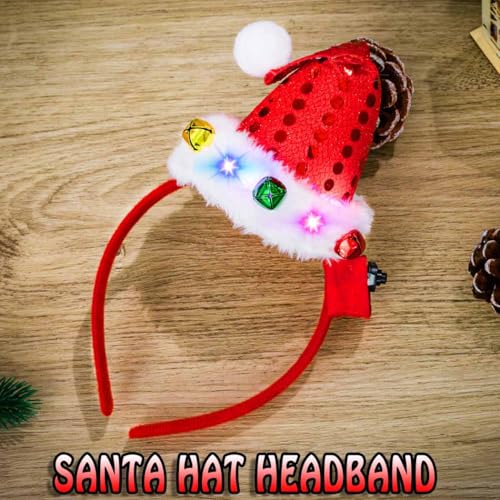 Bafuny Light Up Red Green Santa Hat Headband Christmas Hat Hairband Xmas Bells Head Accessories for Women