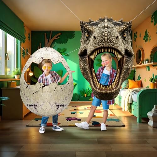 Dino Themed Photo Backdrop Set for Kids Birthday Party – Dinosaur Head and Egg Fabric Banner with Cut-Out Windows – Jungle...