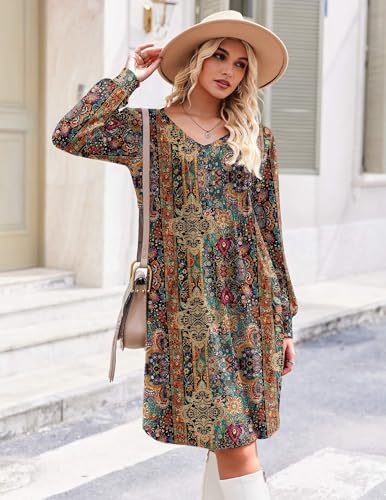 Zeagoo Fall Dresses for Women Long Sleeve Casual Pleated V Neck Dress 2025 A Line Tunic Dress