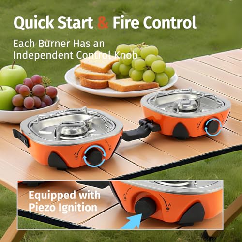 INFOOD Propane Camping Stove 20,000 BTU - Portable 2 Burner Gas Stove with Adjustable Flame Control, Piezo Ignition, Carry...