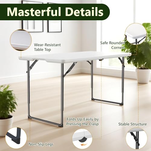 Folding Table, 4FT Foldable Picnic Table with Adjustable Height, Heavy Duty Fold-in-Half Portable Table for Weddings, Camp...
