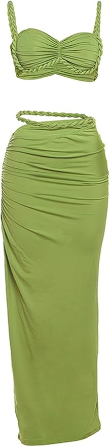 longlugoo Women's Two Piece Skirt Sets Summer Beach Sexy Ruched Backless Cami Top And Cut Out Skirt Night Out Dress