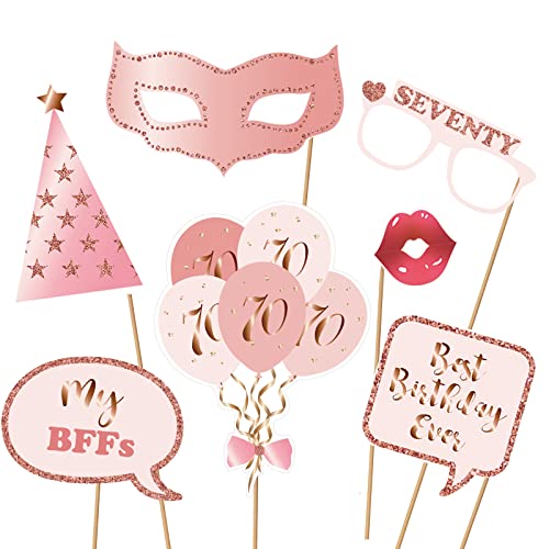 70th Birthday Party Photo Booth Props and Signs, Rose Gold 70 Birthday Party Selfie Props Kit with Sticks for Women, Seven...