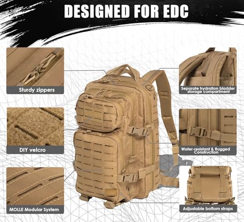 Military Tactical Backpack for Men 35L Small Molle System Water Resistant 3 Day Survival Assault Pack for Bug Out Bag Ruck...