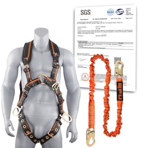 QFU Full Body Safety Harness & Fall Protection Kit with Padded Straps, ANSI Compliant, Includes Shock-Absorbing Lanyard fo...