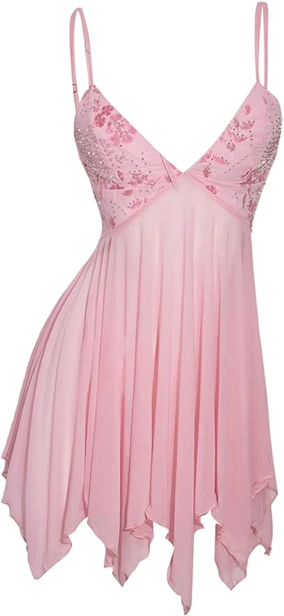 SOLY HUX Women's Y2k Mesh Sheer Sequin Mini Dress V Neck Spaghetti Strap Ruffle Flowy Party Going Out Dresses