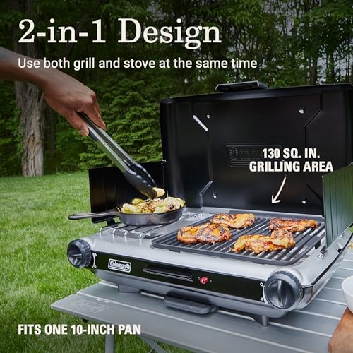 Coleman Tabletop 2-in-1 Grill & Stove with 2 Adjustable Burners, Propane Grill/Stove with Push-Button Starter, Wind Guard...