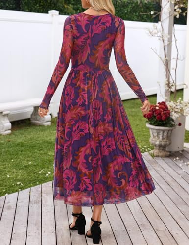 MEROKEETY Women's Long Sleeve Spring Wedding Guest Dress 2026 Crewneck Floral Flowy Mesh Cocktail Maxi Dresses