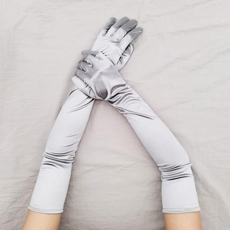 Grey Long Opera Gloves for Women, 1920s Satin Stretchy Elbow Length Party Gloves For Wedding Party Dance Bridal Proms Tea Party Cocktail Evening Opera Etc 1920s