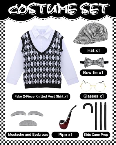 Vivrerizo Old Man Costume for Kids - 7 Pcs Boys 100 Days of School Costume for Grandpa Outfit Dress Up Cosplay