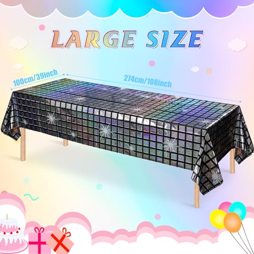 FunnyPars 3 Pack Disco Tablecloth Party Decorations, Shiny Iridescent Disposable Laser Rectangle Table Covers, Silver Plas...