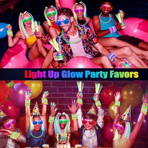 SHQDD 158 PCS Glow in the Dark Party Supplies, 14PCS LED Glasses, 30LED Finger Lights, 14LED Light Hairs and 100PCS Glow S...