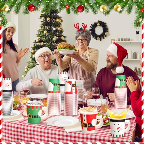 Maxcheck 150 Pcs Christmas Paper Cups 7oz Disposable Christmas with Handles Santa Snowman Elf Tea Coffee Cups Hot Chocolat...