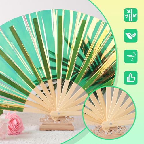 Folding Hand Fan, 13 Inch Glitter Green Rave Decorative Hand Fans for Line Dancing Handheld Crafts for Festivals, Rainbow ...
