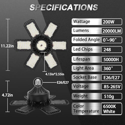 AUDLES 2 Pack Garage Light, 200W 20000LM 6500K LED Shop Lights, Garage Lights Ceiling Led with 6+1 Deformable Panels, Scre...