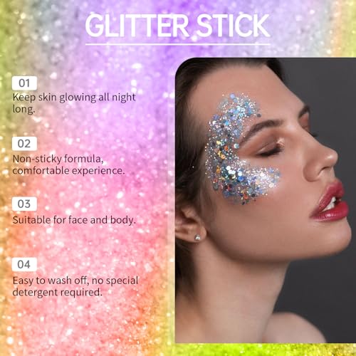 Gold Body Glitter Stick, Holographic Sequins Sparkling Neon Accessories Makeup Outfit Party Hair and Body Glitter Gel Makeup.