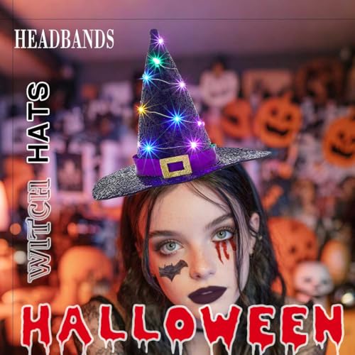 Firuilo Light Up Halloween Headband Glowing Witch Hat Headbands Day of the Dead Headpieces Halloween Costume Dress Up Part...