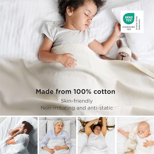 Bedsure GentleSoft 100% Cotton Blanket Queen Size for Bed - Breathable and Lightweight, Soft Cozy Textured Herringbone Wov...