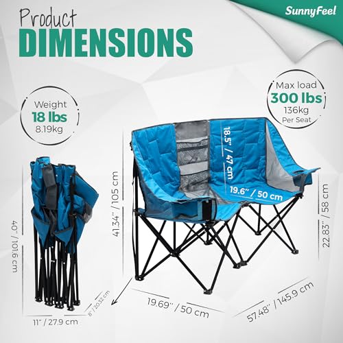 SUNNYFEEL Folding Double Camping Chair, Oversized Loveseat Chair, Heavy Duty Portable/Foldable Lawn Chair with Storage for...