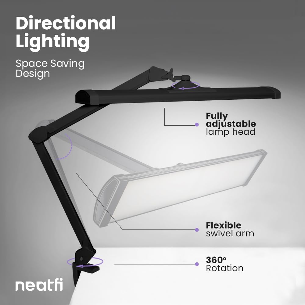 Neatfi LED Desk Lamp, 3,500 Lumens, 3 Light Modes, Dimmable, 45W, Touch Control, 26 Inch Wide Metal Shade, 540 SMD LEDs, Directional Lighting, Eye Caring Task Lamp (CCT with Clamp, Black)