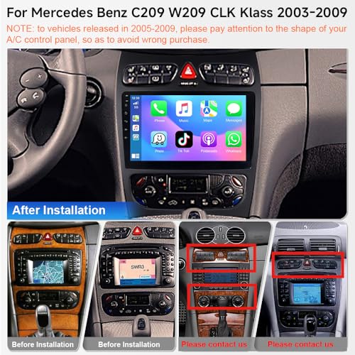 ASURE Car Radio for Mercedes-Benz C209 A209 CLK 2003–2009 – Wireless CarPlay & Android Auto, 9'' HD Touchscreen 4+64G Andr...