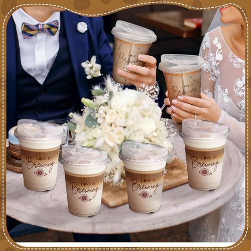 Willinglong 50 Pack Love Is Brewing Bridal Shower Cups Wedding Coffee Cups with Strawless Sip Lids 12 oz Love Is Brewing I...