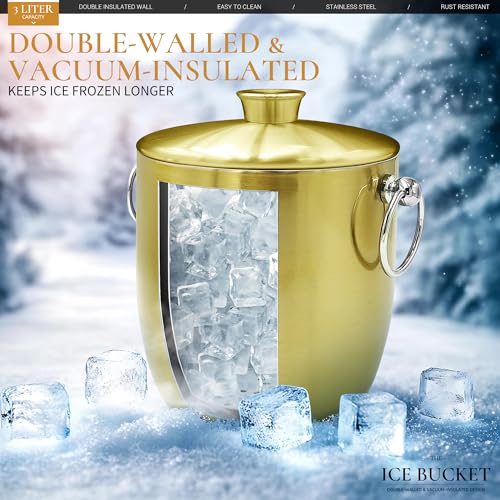 LRYYBTI Ice Buckets for Parties with Lid,Tongs and Strainer (3L/Gold) Double Wall Stainless Steel Ice Bucket Keeps Frozen ...