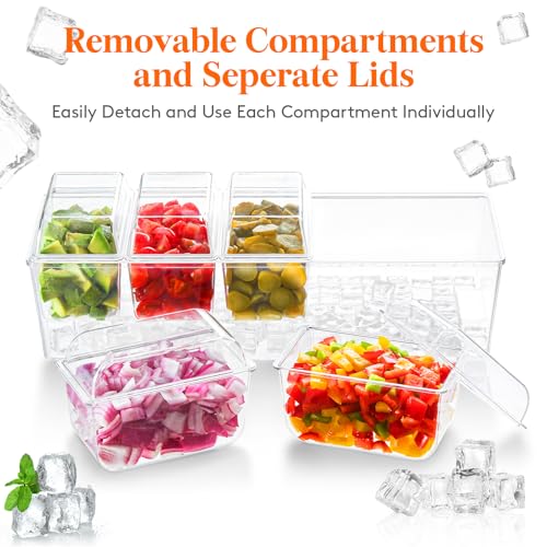 Lifewit Ice Chilled Condiment Caddy with 5x 20oz(2.5 cup) Containers, 15.3" Condiment Server with Separate Lids, Serving T...