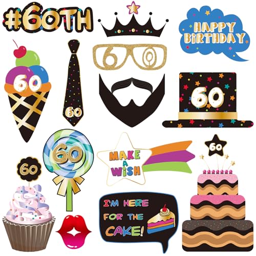 BRT Bearingshui 60th Birthday Party Photo Booth Props Accessories, 60th Happy Birthday Party Decorations Supplies Favors