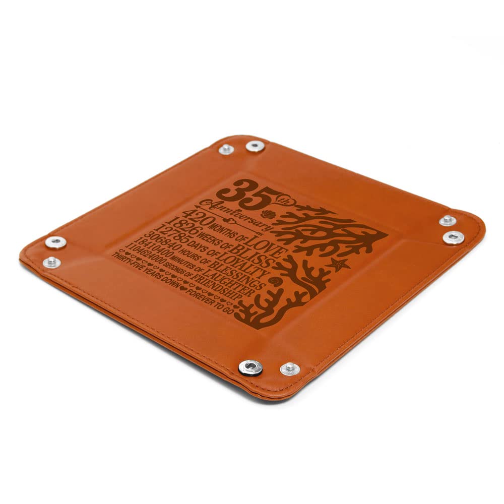 KATE POSH 35 Years of Marriage Engraved Leather Catchall Valet Tray, Our 35th Wedding Anniversary, 35 Years as Husband & Wife, Gifts for Her, for Him, for Couples, Coral Anniversary Design (Rawhide)