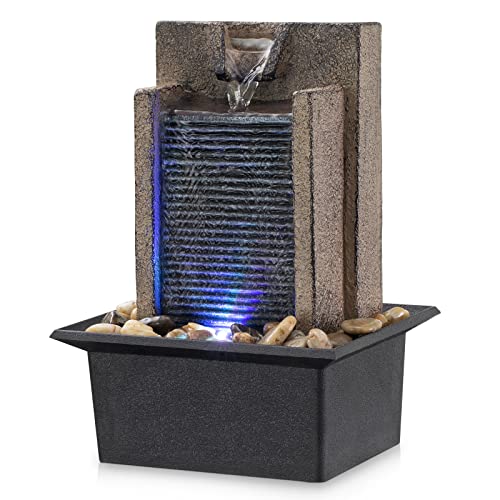Amootek Tabletop Fountain Relaxing Tabletop Waterfall Fountain with Natural River Rocks & Color-Changing LED Lights - Indo...