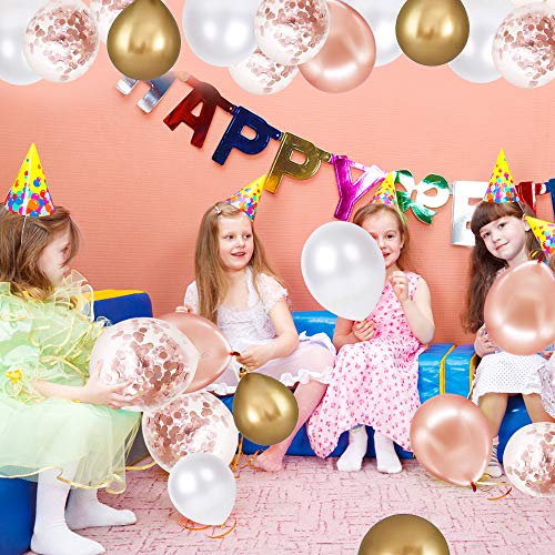Rose Gold Confetti Latex Balloons, 60 Pack White Balloons 12 Inch with Gold Ribbon for Birthday Party, Wedding, Bridal Sho...