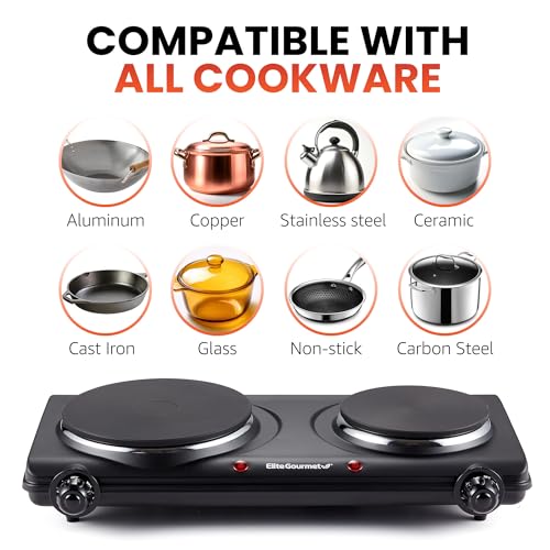 Elite Gourmet EDB-302BF# Countertop Double Cast Iron Burner, 1500 Watts Electric Hot Plate, Temperature Controls, Power In...